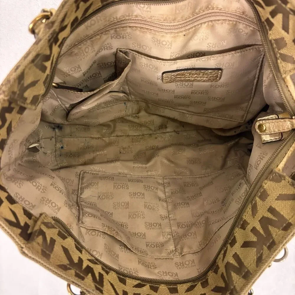 Michael Kors Brown Monogram Large Shoulder Purse with‎ Gold Straps